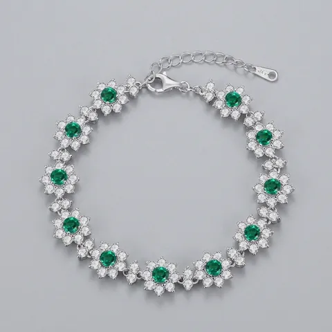 Bracciale in Argento Sterling 925 Con Smeraldo Creato in Laboratorio Per Donna Grappolo Floreale Strass Intarsiato Catena Regolabile Gioielli