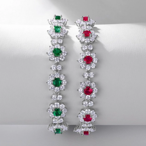 Bracciale in Argento Sterling 925 Con Smeraldo Creato in Laboratorio Per Donna Grappolo Floreale Strass Intarsiato Catena Regolabile Gioielli
