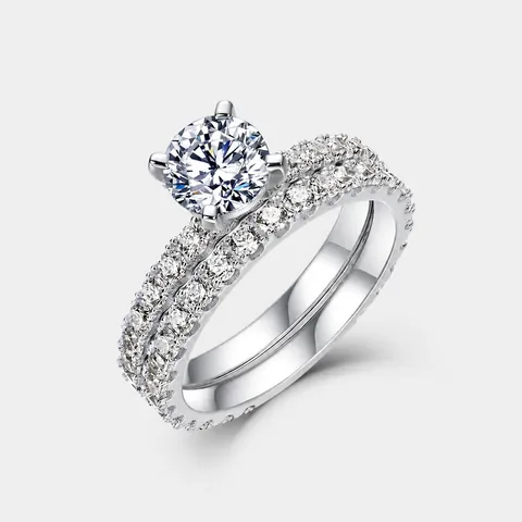 Lujoso Conjunto de Anillos de Moissanita Redonda Plata de Ley 925 Pavimentado Completo Anillos de Compromiso y Boda Para Mujeres Joyería