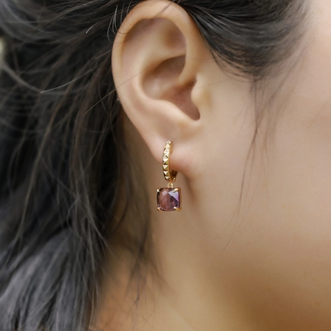 Orecchini di Lusso in Argento Sterling 925 con Ametista per Donna Eleganti a Texture Piramidale Geometrica Viola Quadrati