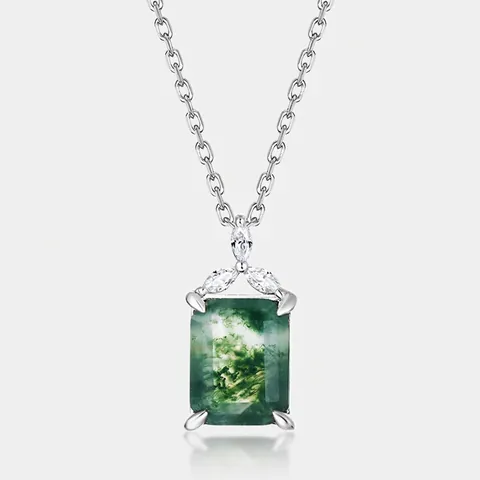 Geometric Natural Green Moss Agate Pendant Necklace S925 Sterling Silver Inlaid Rhinestone Agate Pendant Jewelry For Women