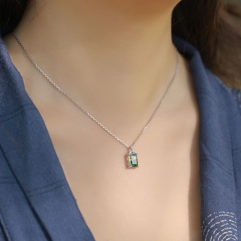 Geometric Natural Green Moss Agate Pendant Necklace S925 Sterling Silver Inlaid Rhinestone Agate Pendant Jewelry For Women