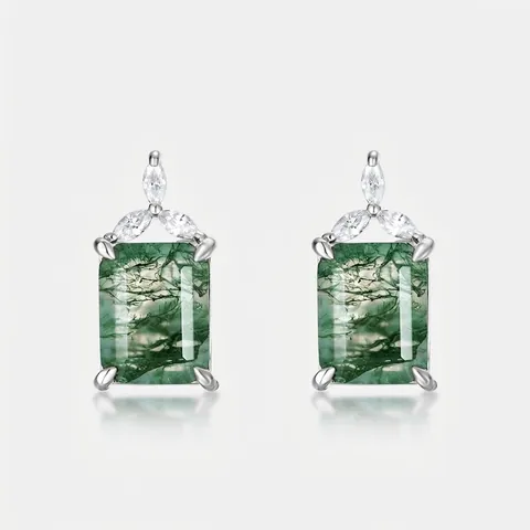 Pendientes de Botón de Plata de Ley 925 con Ágata Musgo Piedra Verde Corte Esmeralda Circonia para Mujer Joyería