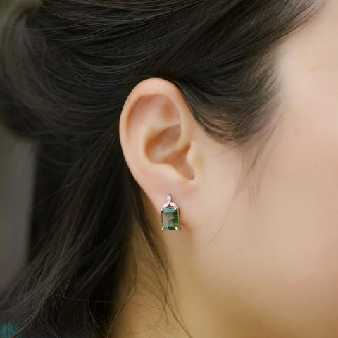 Pendientes de Botón de Plata de Ley 925 con Ágata Musgo Piedra Verde Corte Esmeralda Circonia para Mujer Joyería