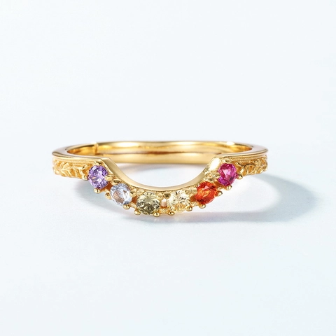 925 Sterlingsilber Offener Ring Für Damen V-Form Regenbogen Zirkonia Vergoldet Vintage Blatt Verstellbarer Ring Schmuck