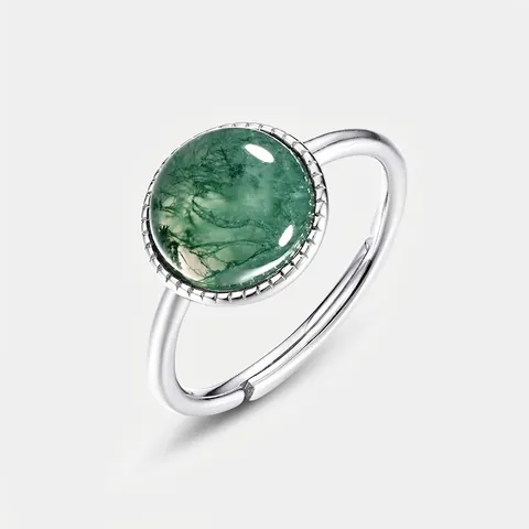 Anello in Argento Sterling 925 Vintage con Agata Muschiata per Donna Tondo Naturale Verde Erba d'Acqua Regolabile Aperto