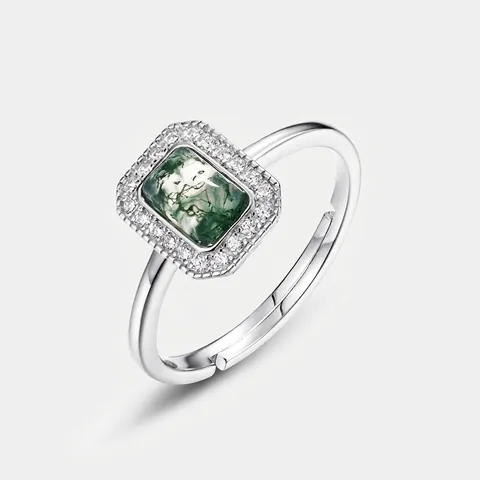 Vintage 925 Sterlingsilber Moosachat Ring Für Damen Retro Rechteck Grüner Achat Strass Halo Verstellbarer Offener Fingerring Schmuck