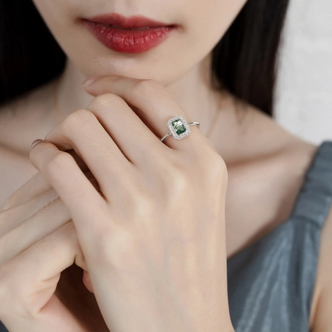Vintage 925 Sterlingsilber Moosachat Ring Für Damen Retro Rechteck Grüner Achat Strass Halo Verstellbarer Offener Fingerring Schmuck