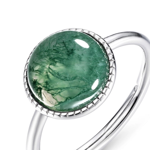 Anello in Argento Sterling 925 Vintage con Agata Muschiata per Donna Tondo Naturale Verde Erba d'Acqua Regolabile Aperto