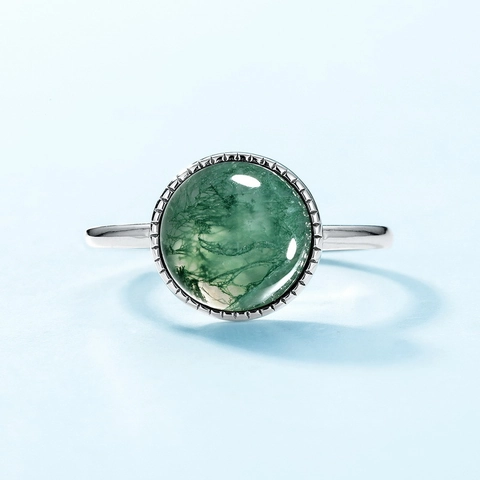 925 Sterling Silver Natural Amber Moss Agate Geometric Round Open Ring For Women Adjustable Gold Plated Retro Jewelry Gift