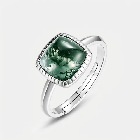 Anillo de Plata de Ley 925 con Ágata Musgo para Mujer Cuadrado Ágata de Hierba de Agua Natural Anillo Ajustable Joyería