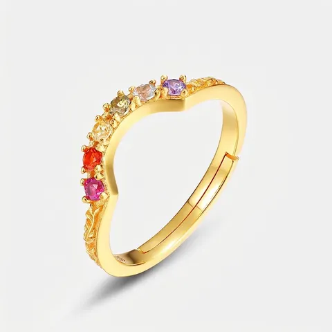 925 Sterlingsilber Offener Ring Für Damen V-Form Regenbogen Zirkonia Vergoldet Vintage Blatt Verstellbarer Ring Schmuck