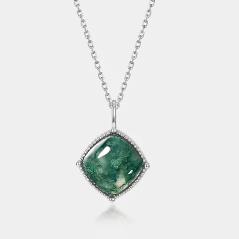 Vintage 925 Sterling Silver Natural Moss Agate Pendant Necklace Cushion Cut Green Gemstone Beaded Edge Jewelry Gift For Women