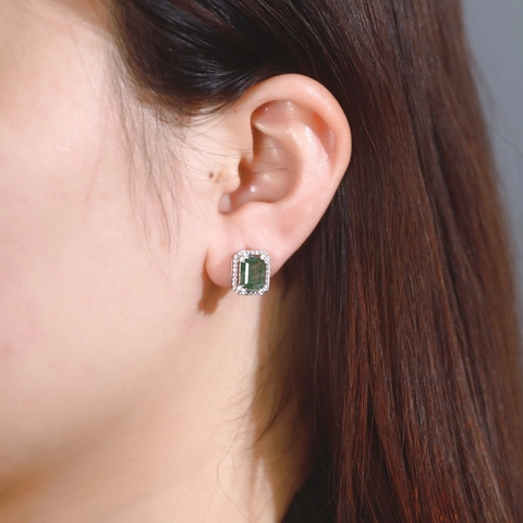 Orecchini a Bottone Minimalisti in Argento Sterling 925 con Agata Muschiata Taglio Rettangolare Agata Verde Strass Halo Donna Gioielli