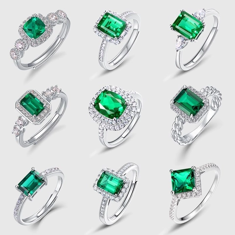 Bague en Argent Sterling 925 Vintage avec Émeraude de Laboratoire pour Femme Taille Émeraude Gemme Verte Halo Strass Bague Réglable