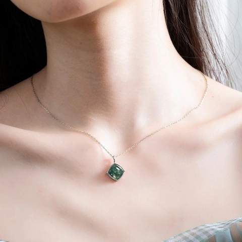 Vintage 925 Sterling Silver Natural Moss Agate Pendant Necklace Cushion Cut Green Gemstone Beaded Edge Jewelry Gift For Women