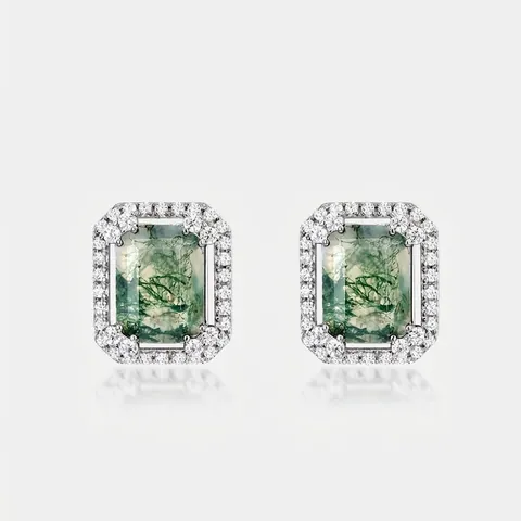 Orecchini a Bottone Minimalisti in Argento Sterling 925 con Agata Muschiata Taglio Rettangolare Agata Verde Strass Halo Donna Gioielli