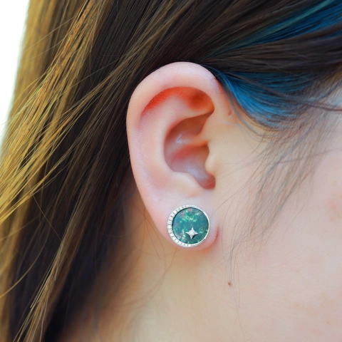 Pendientes de Botón de Ágata de Musgo Natural Con Poste de Plata de Ley 925 Diamante de Imitación Estrella Redondo Pendientes para Mujeres