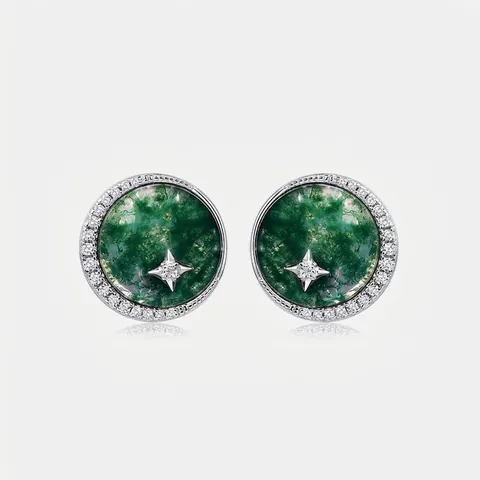 Pendientes de Botón de Ágata de Musgo Natural Con Poste de Plata de Ley 925 Diamante de Imitación Estrella Redondo Pendientes para Mujeres