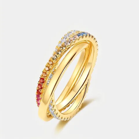 925 Sterlingsilber Regenbogen Zirkonia Dreifach Verflochtener Ring Damen Vergoldet Mehrlagiger Geometrischer Finger Schmuck