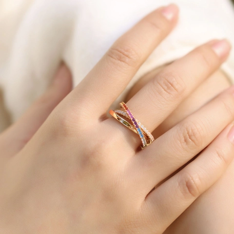 925 Sterlingsilber Regenbogen Zirkonia Dreifach Verflochtener Ring Damen Vergoldet Mehrlagiger Geometrischer Finger Schmuck