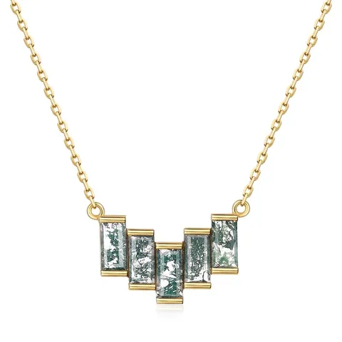 Elegante Collana Con Ciondolo in Agata Muschiata Verde in Argento Sterling 925 Oro Placcato Pietra Rettangolare a V Gioielli Donna