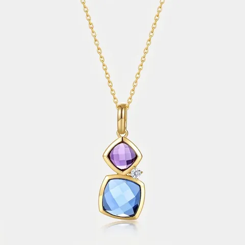S925 Sterling Silver Geometric Two Tone Gemstone Necklace For Women Luxury Square Colorful Gemstone Clavicle Chain Fine Jewelry