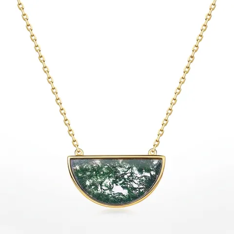 925 Sterling Silver Moss Agate Pendant Necklace For Women 10K Gold Plated Semi-Circle Natural Stone Vintage Minimalist Jewelry