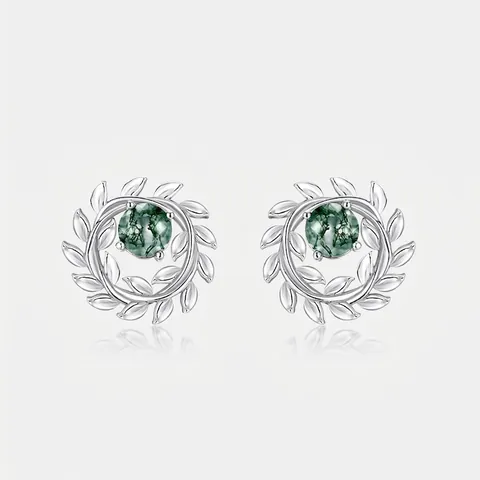 Orecchini a Bottone in Argento Sterling 925 Agata Muschiata Naturale Ramo d'Ulivo Corona di Foglie Orecchini con Pietre Verdi da Donna