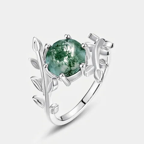 Vintage 925 Sterling Silver Moss Agate Ring For Women Natural Green Stone Olive Branch Leaf Design Inlaid Fashion Finger Ring Jewelry Gift