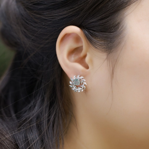 Orecchini a Bottone in Argento Sterling 925 Agata Muschiata Naturale Ramo d'Ulivo Corona di Foglie Orecchini con Pietre Verdi da Donna