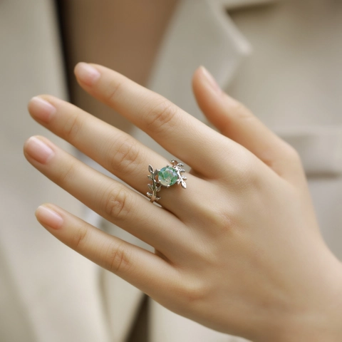 Vintage 925 Sterling Silver Moss Agate Ring For Women Natural Green Stone Olive Branch Leaf Design Inlaid Fashion Finger Ring Jewelry Gift