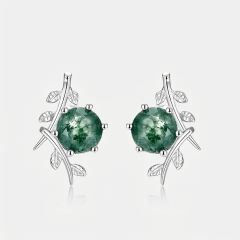 Orecchini a Bottone in Agata Muschiata Argento Sterling 925 Pietra d'Erba d'Acqua Verde Naturale Design Ramo d'Ulivo Donna