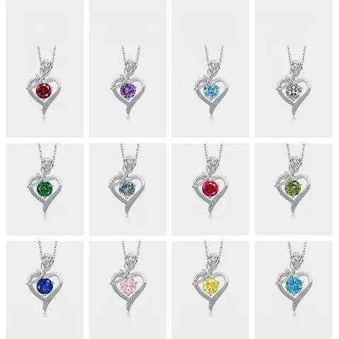 Collar de Pendiente de Corazón y Rosa de Plata de Ley 925 Mujer Doce Piedras de Nacimiento Circonia Joyería Elegante