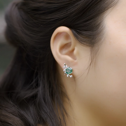 Orecchini a Bottone in Agata Muschiata Argento Sterling 925 Pietra d'Erba d'Acqua Verde Naturale Design Ramo d'Ulivo Donna
