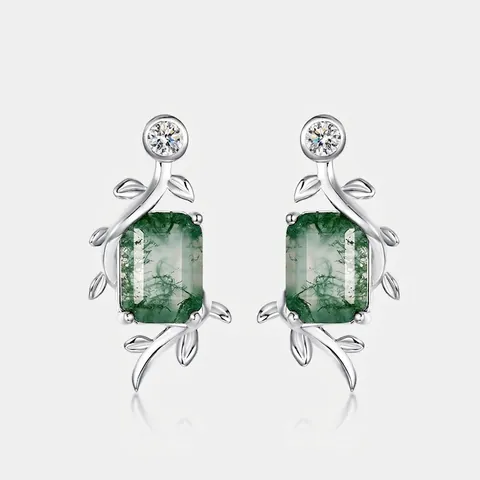 Rechthoekige Mosagaat 925 Sterling Zilveren Oorknopjes Voor Dames Elegante Blad Wijnstok Groene Natuurlijke Agaat Sieraden
