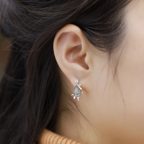 Rechthoekige Mosagaat 925 Sterling Zilveren Oorknopjes Voor Dames Elegante Blad Wijnstok Groene Natuurlijke Agaat Sieraden