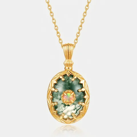 Collana con Ciondolo in Agata Muschiata Naturale in Argento Sterling 925 Vintage Con Strass Ovale Inciso Floreale Donna