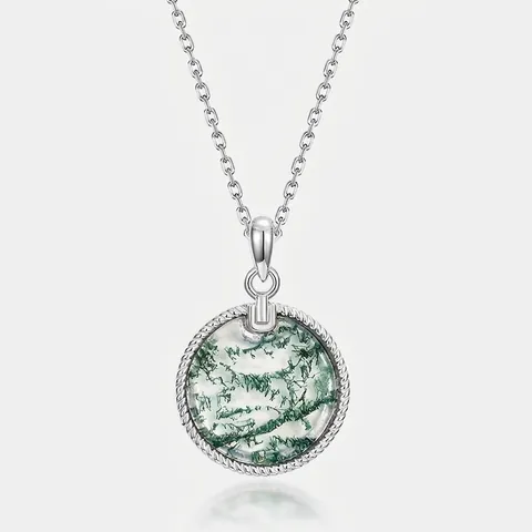 S925 Sterling Silver Natural Moss Agate Round Pendant Necklace For Women Elegant Green Stone Geometric Inlaid Jewelry Gift
