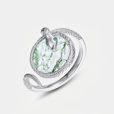 925 Sterling Silver Snake Wrap Ring Natural Moss Agate Round Stone Rhinestone Retro Open Adjusted Finger Ring For Women