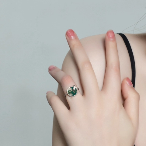 925 Sterling Silver Snake Wrap Ring Natural Moss Agate Round Stone Rhinestone Retro Open Adjusted Finger Ring For Women
