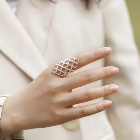 Damen 925 Sterlingsilber Hohles Netz Offener Ring Verstellbar Geometrisches Gitter Statement Zeigefinger Ring Mode Schmuck