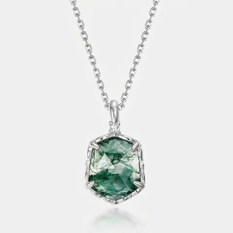 Collana con Ciondolo in Agata Muschiata Naturale Argento Sterling 925 Pietra Verde Esagonale Geometrica con Strass Intarsiato Gioielli Donna