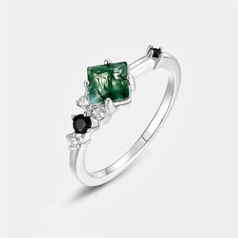 925 Sterling Silver Natural Moss Agate Ring For Women Vintage Geometric Square Green Gemstone Rhinestone Inlaid Fashion Finger Ring Jewelry