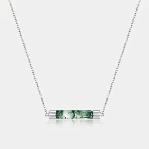 Collana con Ciondolo in Argento Sterling 925 Agata Muschiata Pietra d'Erba d'Acqua Verde Collane a Cilindro Geometrico per Donna Gioielli