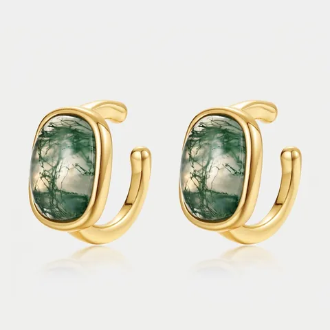 S925 Sterling Zilveren Natuurlijke Mosagaat Ear Cuff Oorbellen Voor Dames Vintage 10K Verguld Groene Wateragaat Geometrische Oorknopjes Sieraden