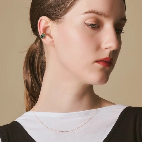 Vintage Japanese Style 925 Sterling Silver Gold Plated Natural Moss Agate Ear Cuff Geometric Clip On Earrings For Women
