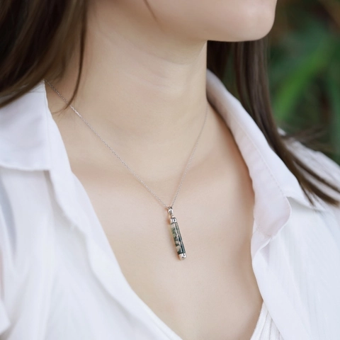 Natural Moss Agate Cylinder Pendant Necklace For Women 925 Sterling Silver Geometric Water Grass Agate Clavicle Chain Jewelry