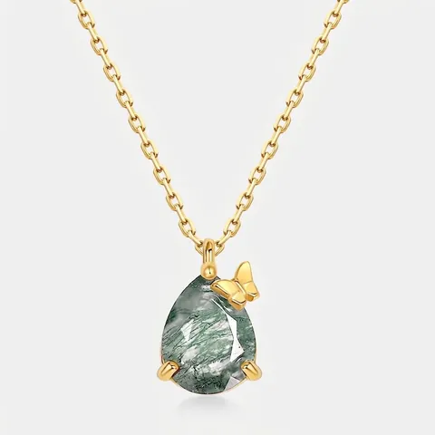 925 Sterling Silver Natural Moss Agate Pendant Necklace For Women Water Drop Green Gemstone Gold Plated Butterfly Jewelry