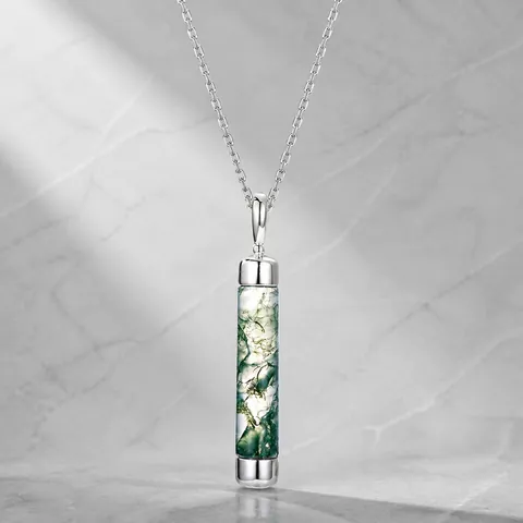 Natural Moss Agate Cylinder Pendant Necklace For Women 925 Sterling Silver Geometric Water Grass Agate Clavicle Chain Jewelry